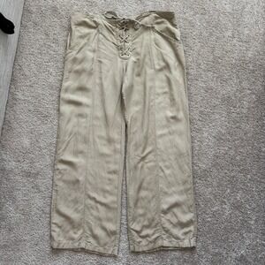 SHUKR Khaki Linen Blend Lace Up Front Wide Leg Pants XL Tan Modest Boho